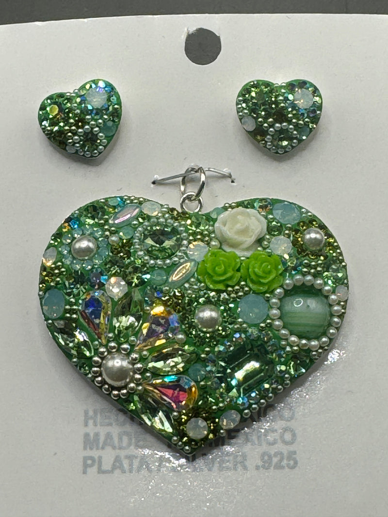 Green Crystals with Pearl Heart Pendant & Earrings .  Large Size .