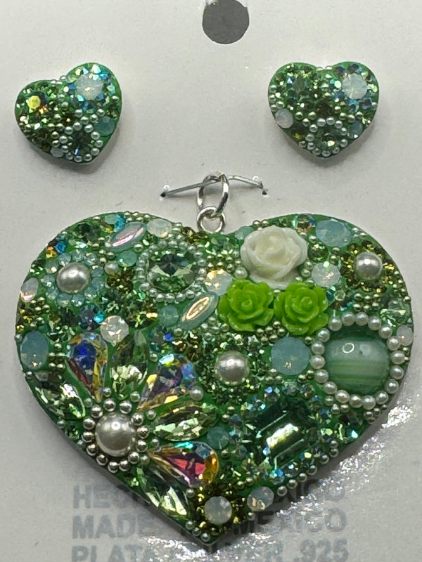 Green Crystals with Pearl Heart Pendant & Earrings .  Large Size .