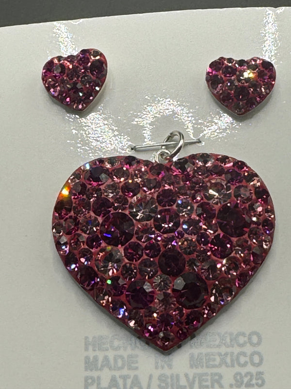 Deep Fucshia  crystals  Heart Pendant & Earrings.  Large size