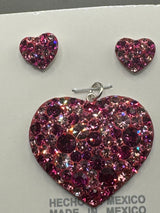 Deep Fucshia  crystals  Heart Pendant & Earrings.  Large size