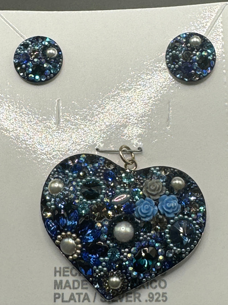 Colbal blue crystals Heart Pendant & Earrings . Large Size .