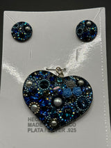 Colbal blue crystals Heart Pendant & Earrings . Large Size .