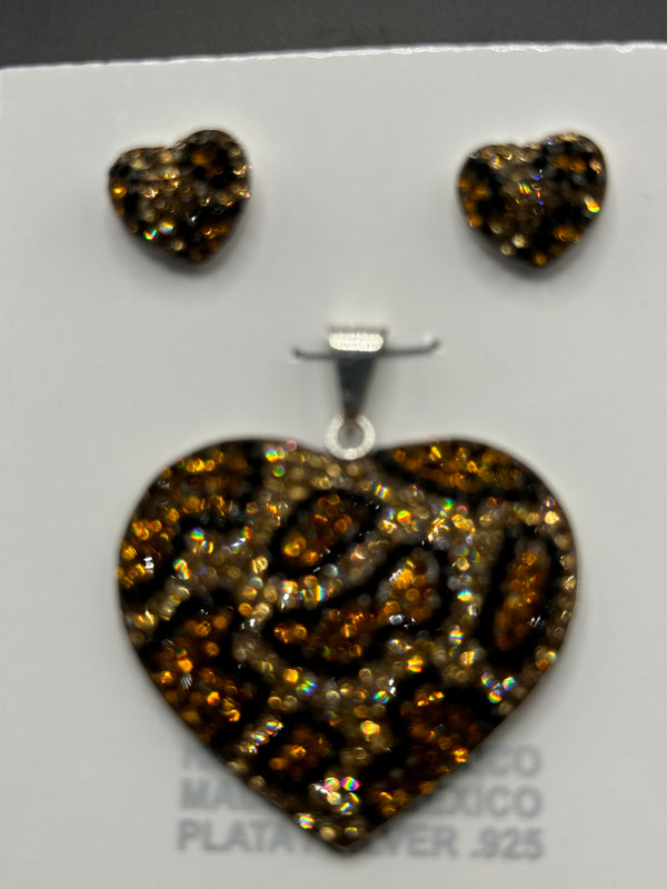 Heart Pendant & Earrings . Leopard print crystals . Medium size .