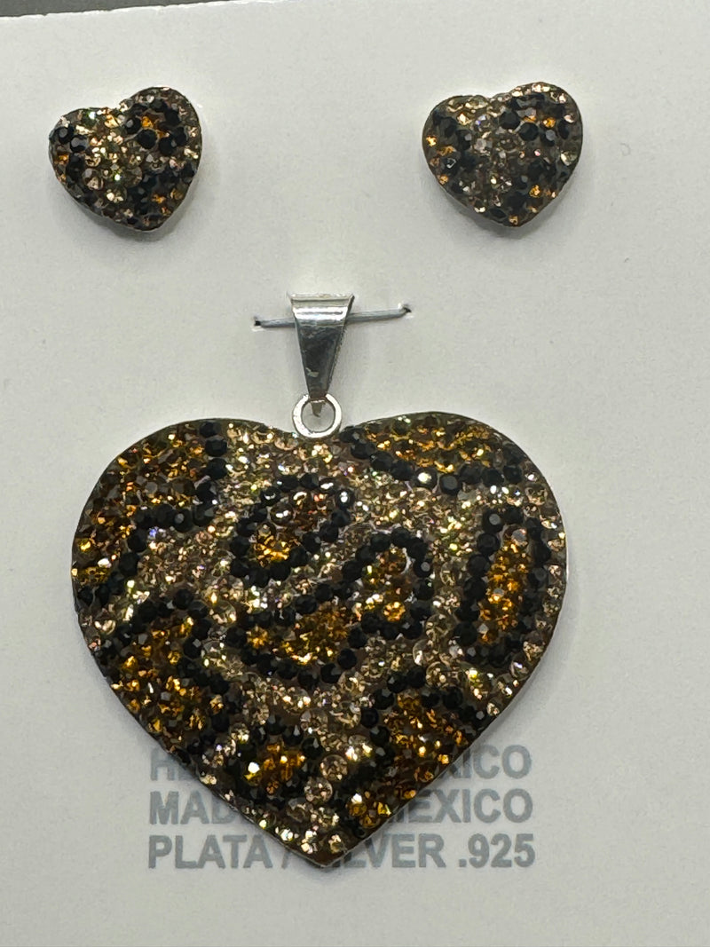 Heart Pendant & Earrings . Leopard print crystals . Medium size .