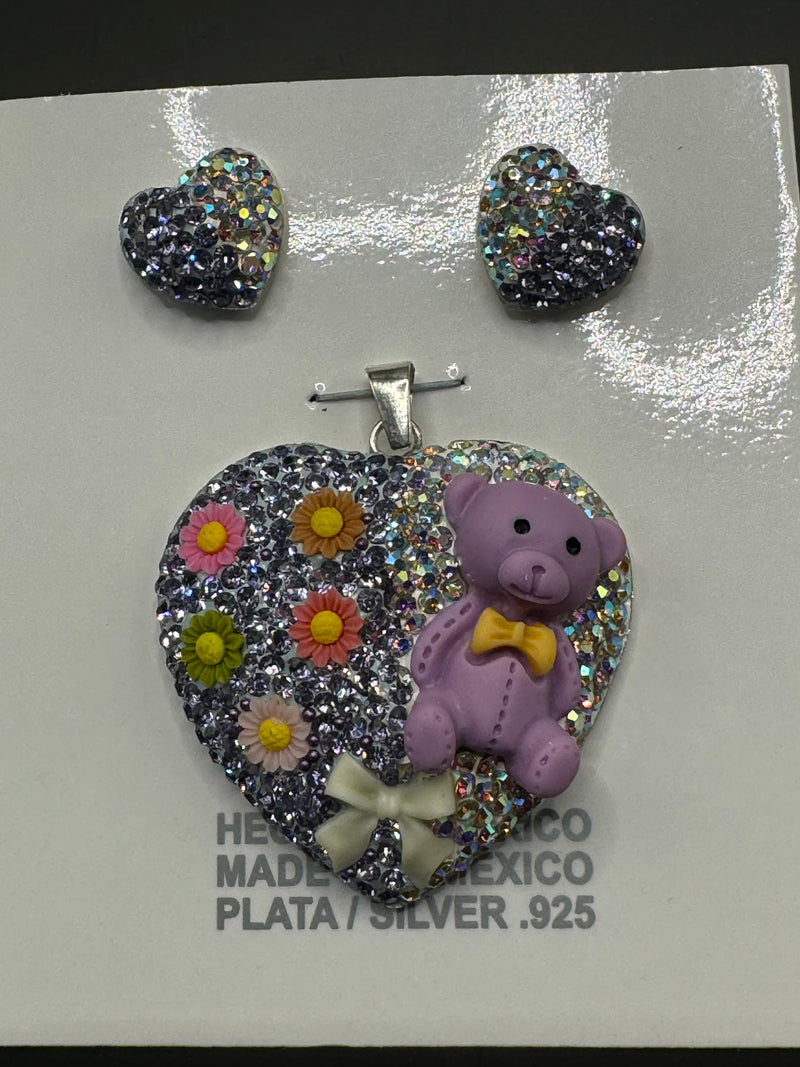 Teddy bear Heart Pendant & Earrings . Lavender crystals . Large size.