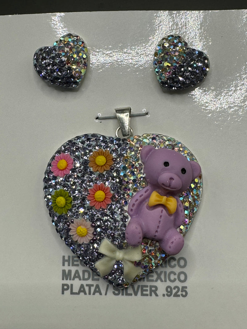 Teddy bear Heart Pendant & Earrings . Lavender crystals . Large size.