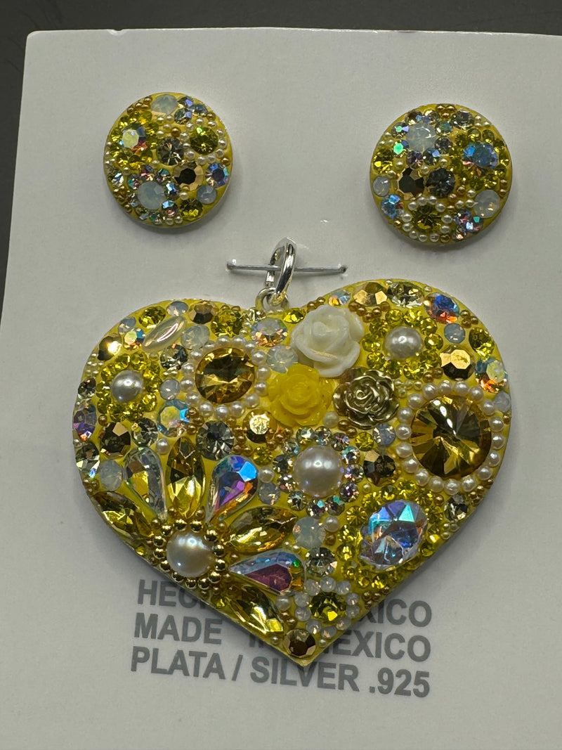 Brilliant Yellow Crystals Heart Pendant & Earrings . Large Siza .