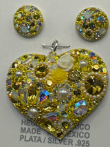 Brilliant Yellow Crystals Heart Pendant & Earrings . Large Siza .