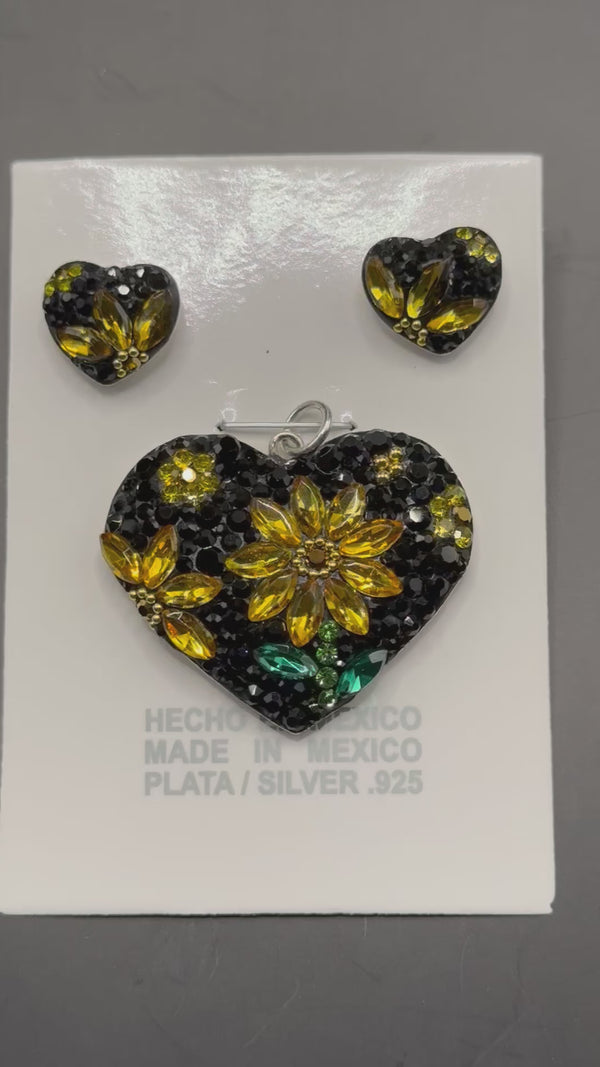 Heart Sunflowers Pendant & Earrings in yellow& black crystals .Medium size .